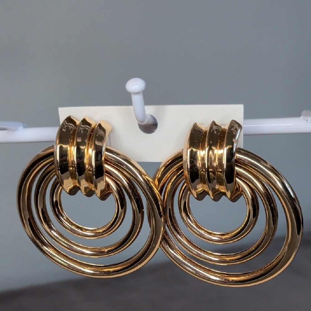 Gold-Tone Triple Hoop Drop Earrings (Pushback Posts)
